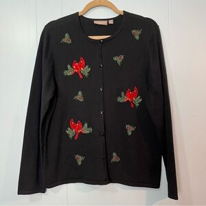 Croft & Barrow Large Embroidered Cardinals Holly Black Red Cotton Blend Cardigan